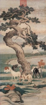  Castiglione Oil Painting - Lang shining eight horses under tree old China ink Giuseppe Castiglione